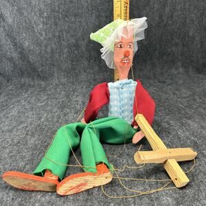 Handmade Folk Art Wooden Puppet on String Mustache Large Feet Unique Collectible